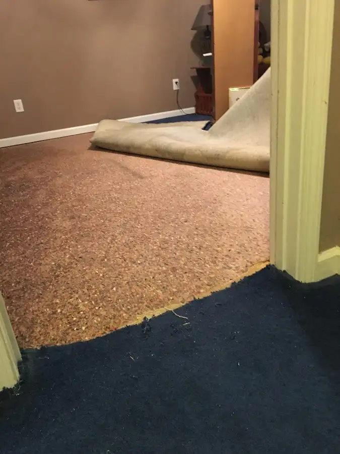 Carpet pad removal revealing water damage during Drying & Dehumidification in Brecksville